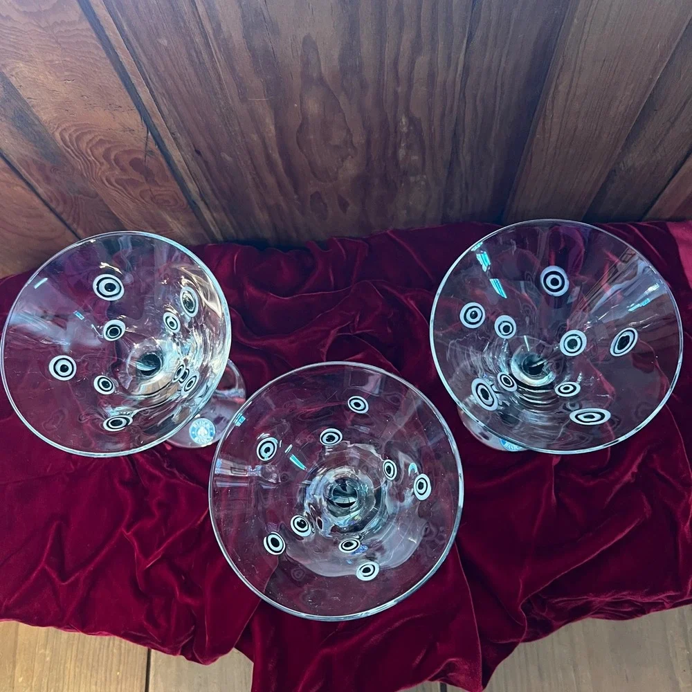 Murano Millefiori Hand Blown Martini Glasses Black White Murrine‎ Stem